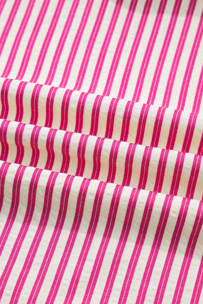 Stripe Smocked Yoke Short Sleeve Ruffle Blouse