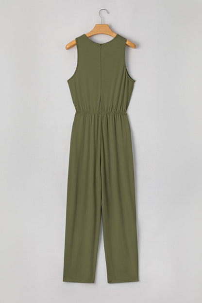 Solid Pleated Detail Sleeveless Elastic Waist Jumpsuit