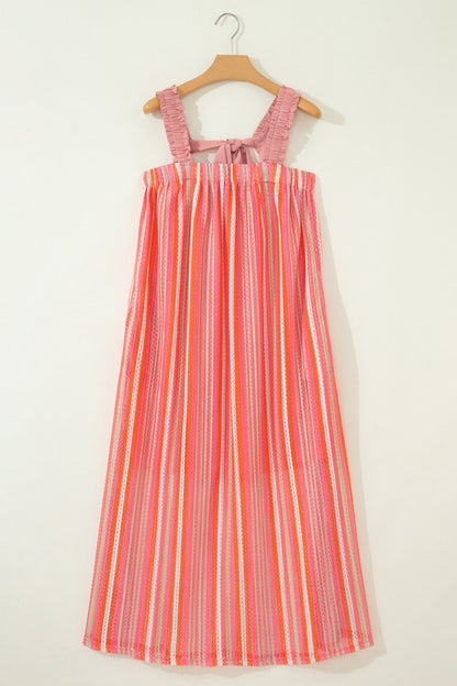 Stripe Textured Knit Ruffle Tie Back Maxi Dress