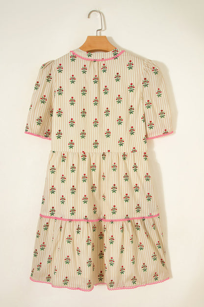 Floral Stripe Contrast Ruffle Hem Mini Dress