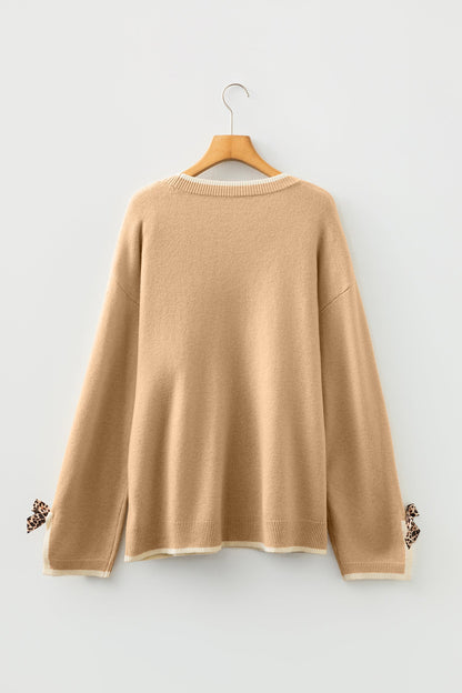 Plus Size Leopard Bow Split Cuff Sweater