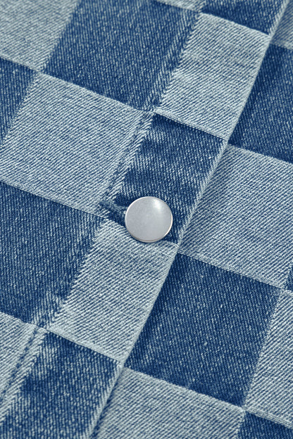 Checker Ruffle Trim Button Down Denim Vest