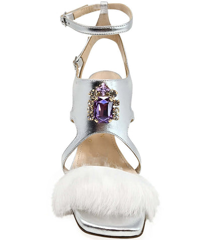 Silver Leather Open Toe Feather Pump