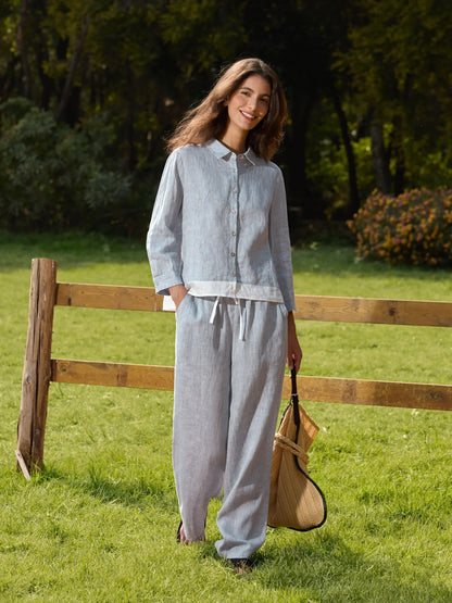 100% Linen Buttoned Closure Color-Blocked Shirt JANICE
