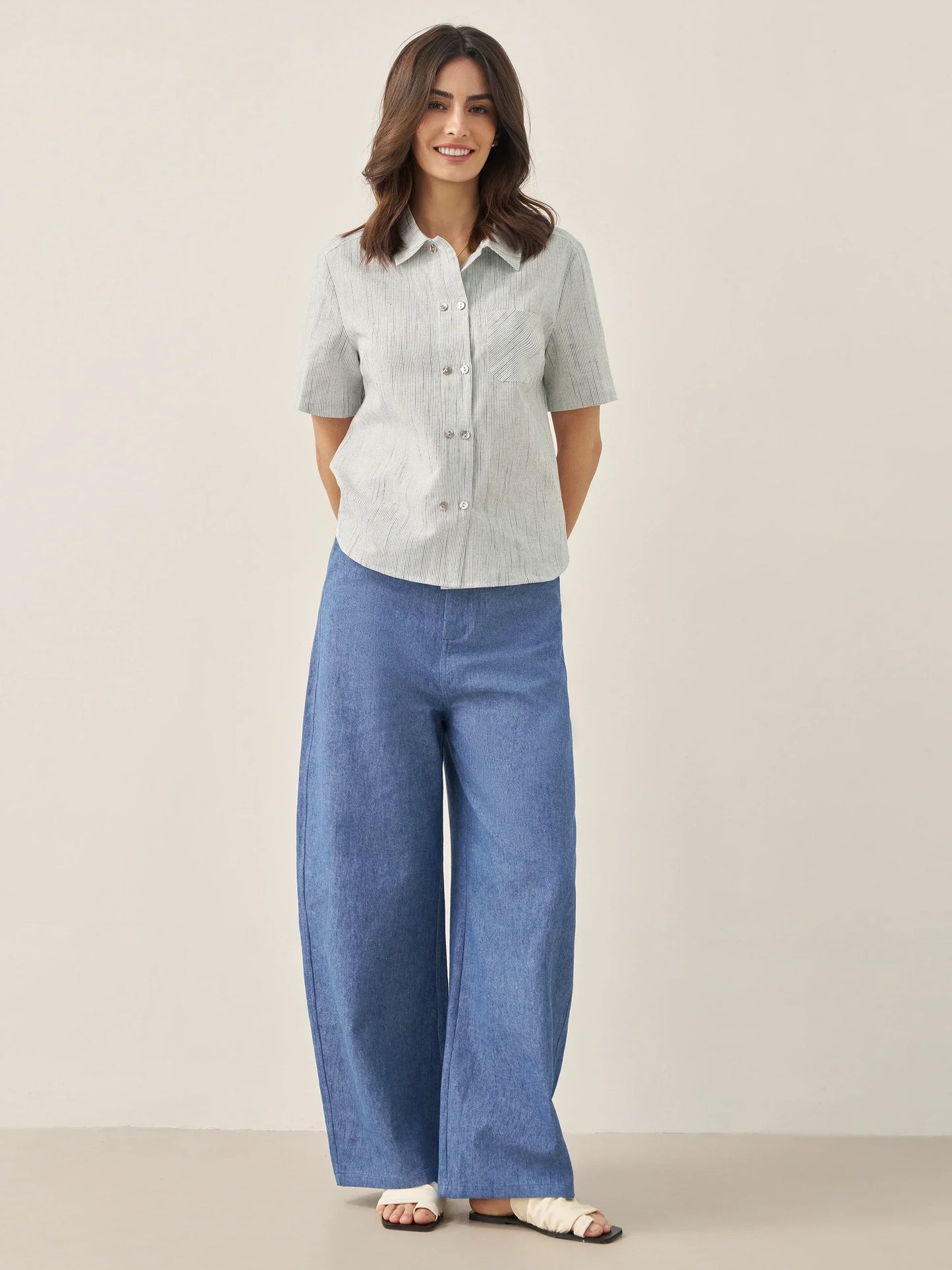 Linen Double-Breasted Artistic Stripe Shirt JUNO