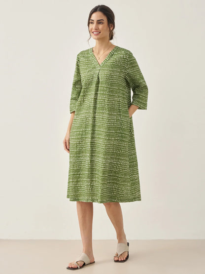 100% Linen V-Neck Dot Midi Dress LIRA