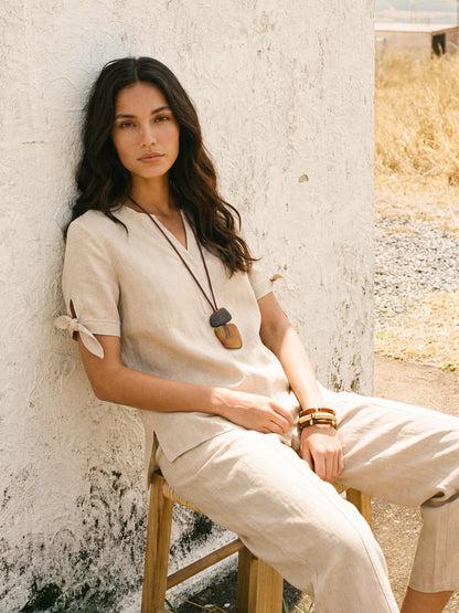 100% Linen Tie Cuff Notched V-Neck Top LORAN