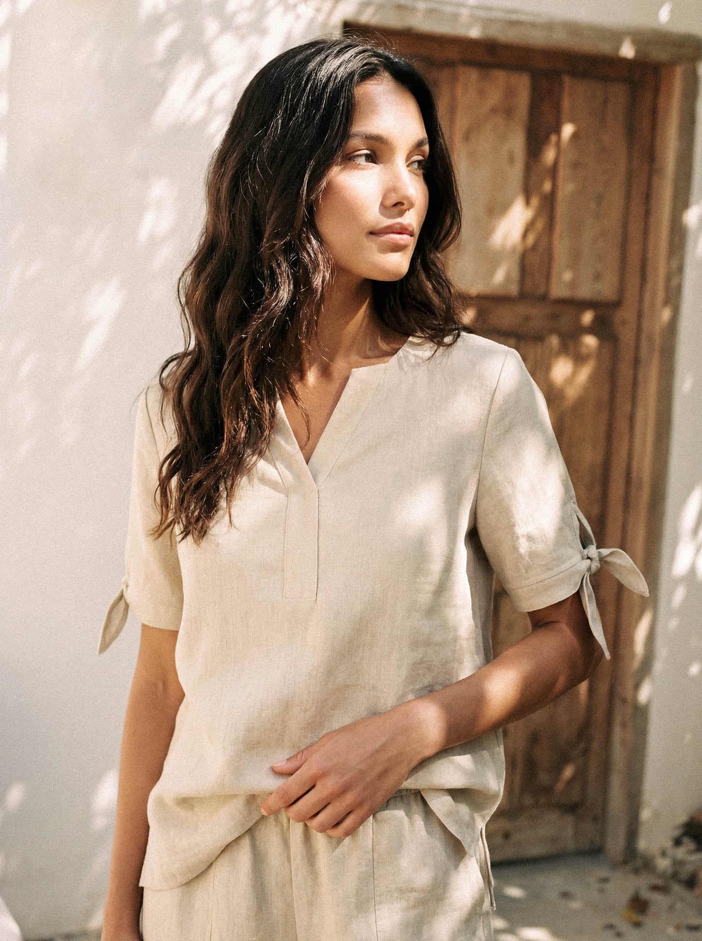 100% Linen Tie Cuff Notched V-Neck Top LORAN