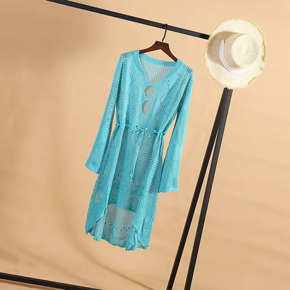 Hollow out Knitted Dress Bell Sleeve Beach Jacket Sexy Beach Cover Up Sun Protection Clothing Swimsuit Outwear Crochet hook