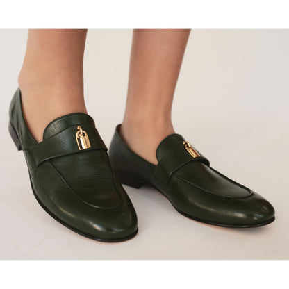 Green Leather  Lock Flat Loafer