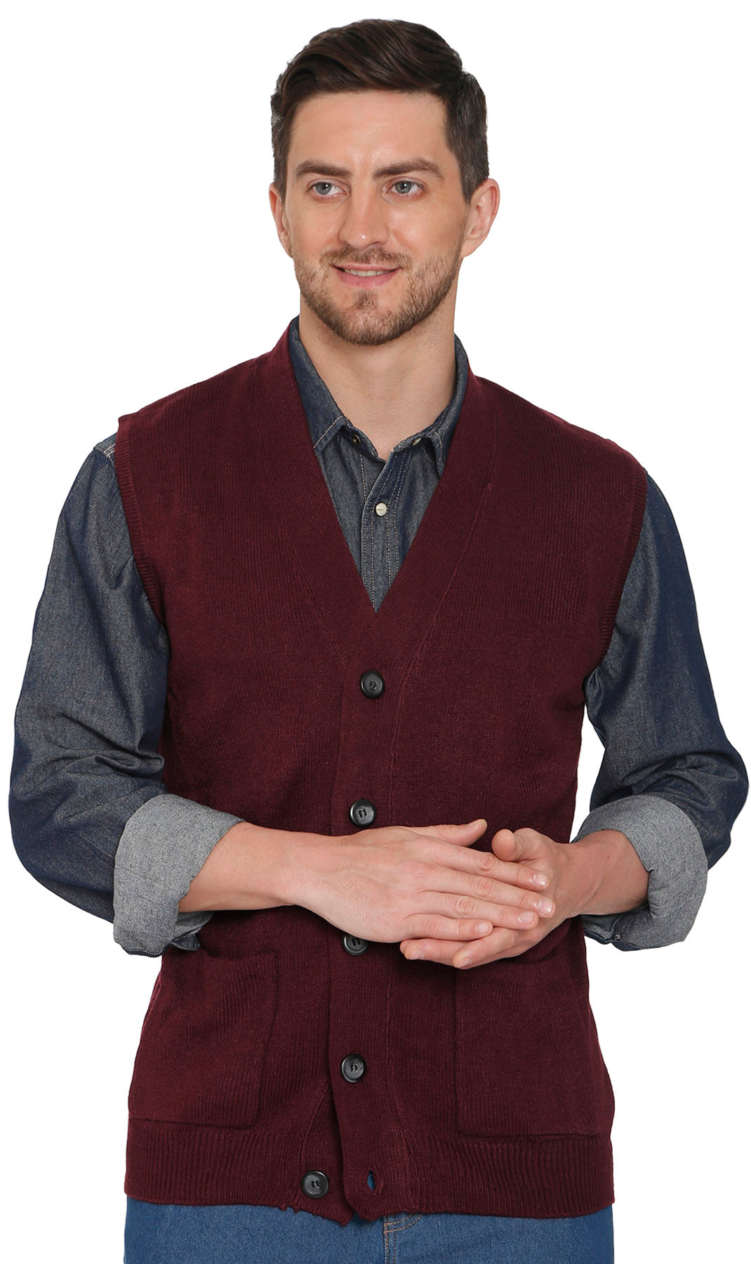 Men's Cashmere-Like Button Front Flat Knit Sweater Vest with front patch pockets