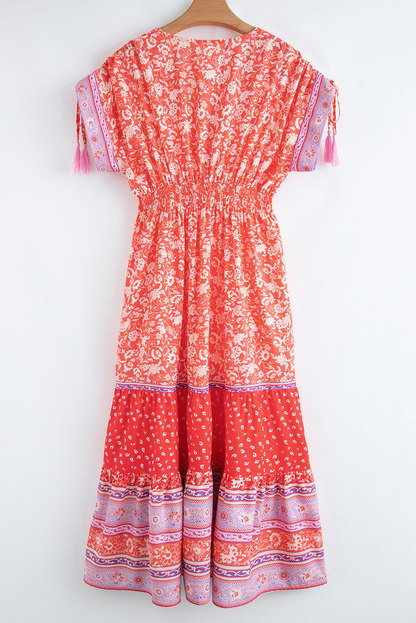 Floral Tassel Tie Sleeve Empire Waist Maxi Dress