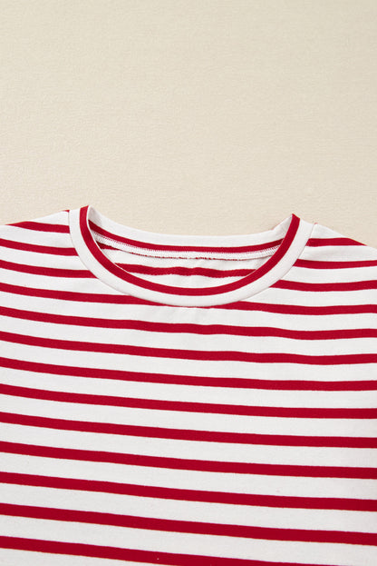 Stripe Round Neck Ruffle Trim Long Sleeve Top