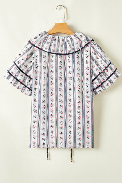 Floral Ruffle Collar Short Puff Sleeve Blouse