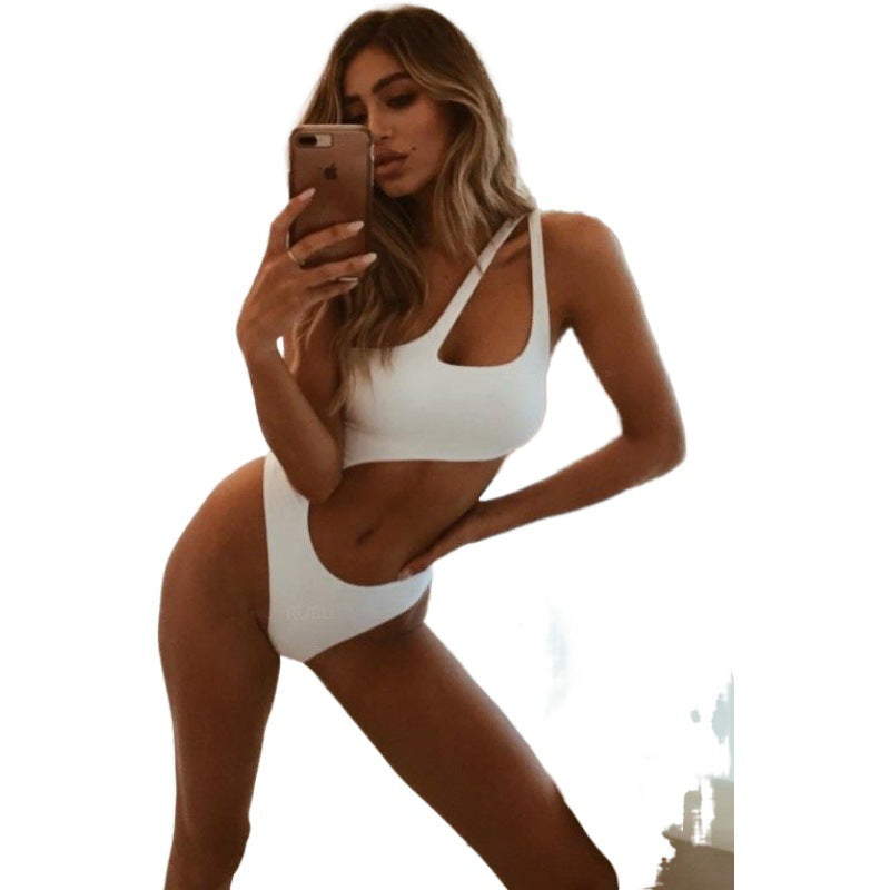 One Piece Swimsuit Solid Color Lady Sexy One Shoulder Bikini