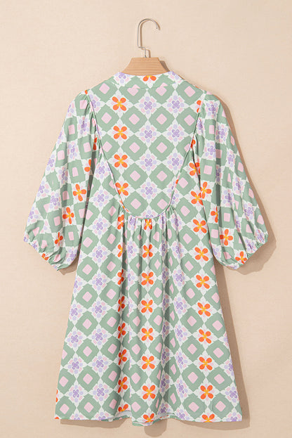 Geometric Floral 3/4 Sleeve Notched Neck Mini Dress