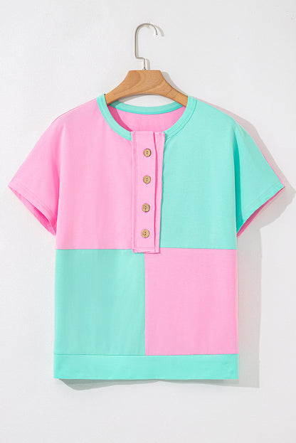 Colorblock Checker Half Button Henley T-Shirt