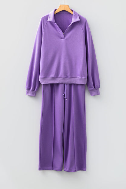 Solid Collared Top and Central Seam Pants Set