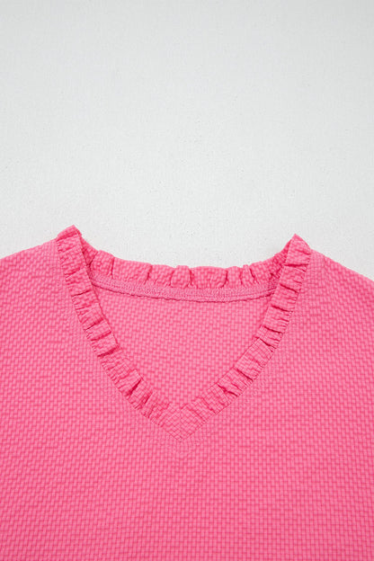 Flower Embroidered Puff Sleeve Frilled V-Neck Blouse
