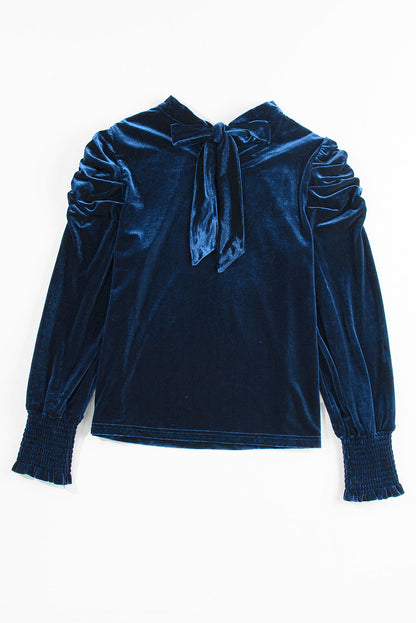 Velvet Mock Neck Puff Sleeve Blouse