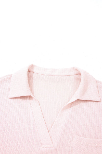 Solid Ribbed Knit Collared V-Neck Tee