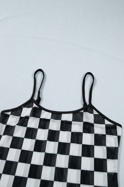 Checker Sheer Mesh Spaghetti Strap Tank Top