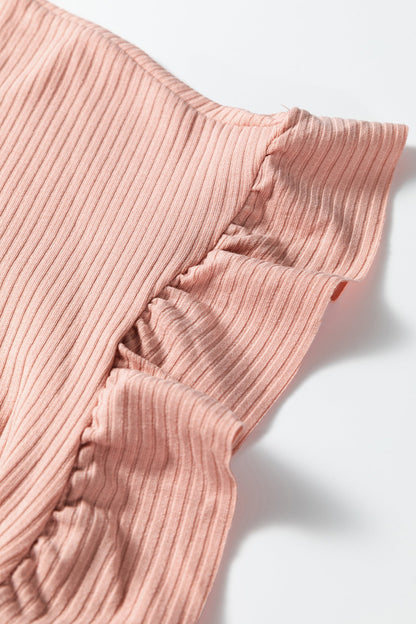Solid Ribbed Knit Ruffle Short Sleeve T-Shirt
