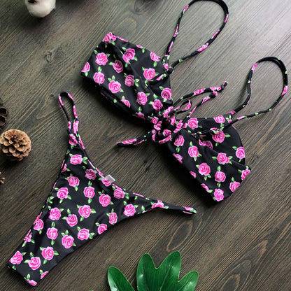 Popular Split Bikini Swimsuit Solid Color Women Bikini Tied Swimsuit