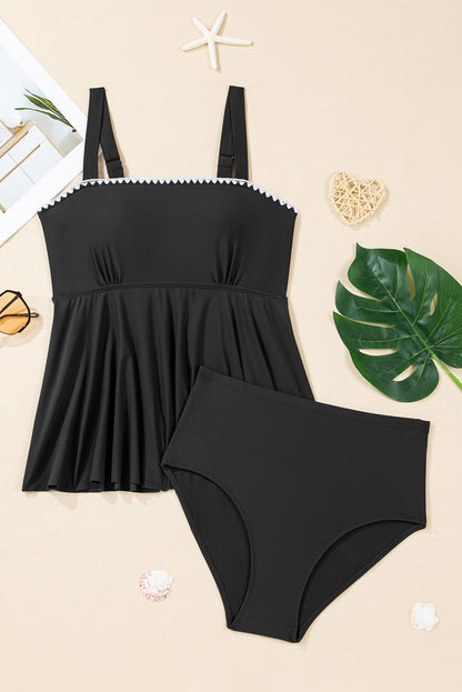 Solid Ricrac Trim Flared Tankini Top Set