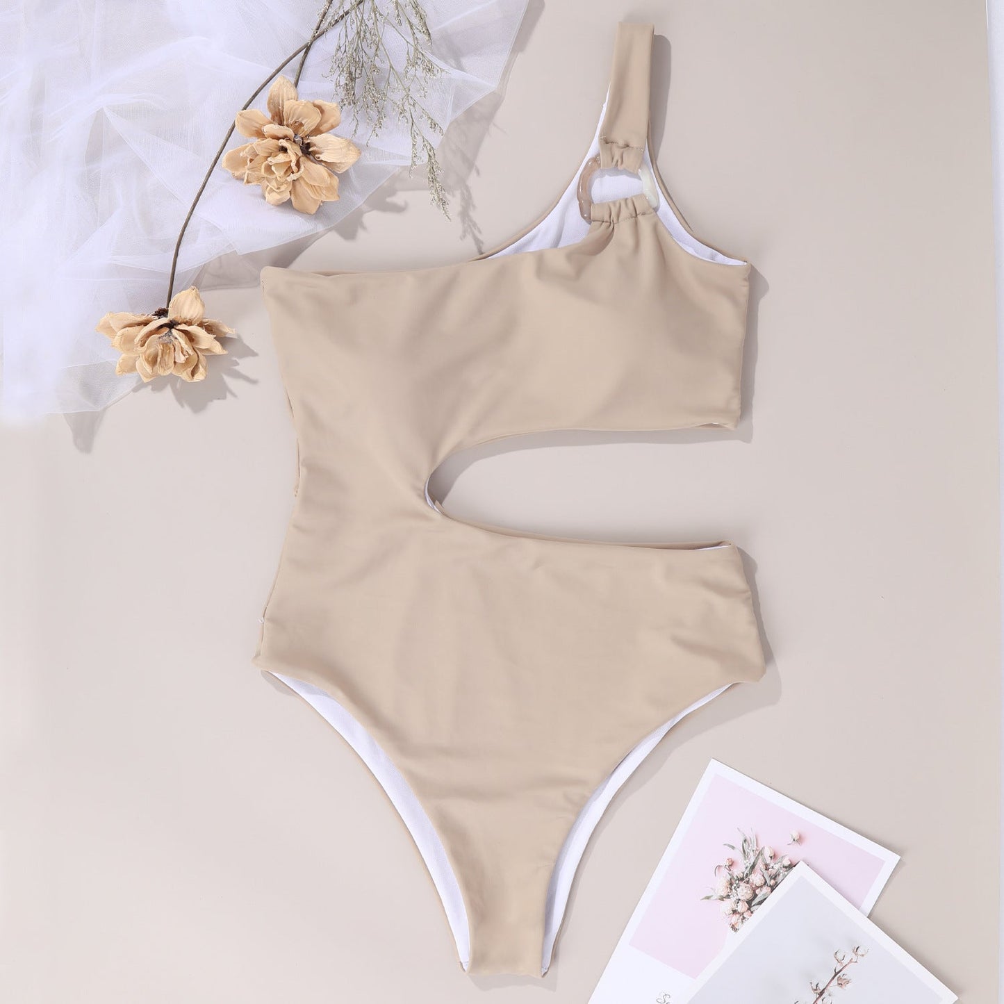 Solid Color One-piece Swimsuit Women Sexy Waist Hollow-out Swimsuit One-shoulder Two-color Swimsuit
