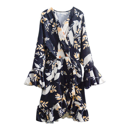 Sexy Women Beach Dress Deep V Plunge Plunge Printed Dress Cinched Waist Slim-fit Long Sleeve Mini Dress
