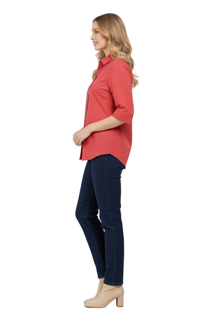 Womens Regular Fit 3/4 Sleeve Button Down Collared Camp Shirt