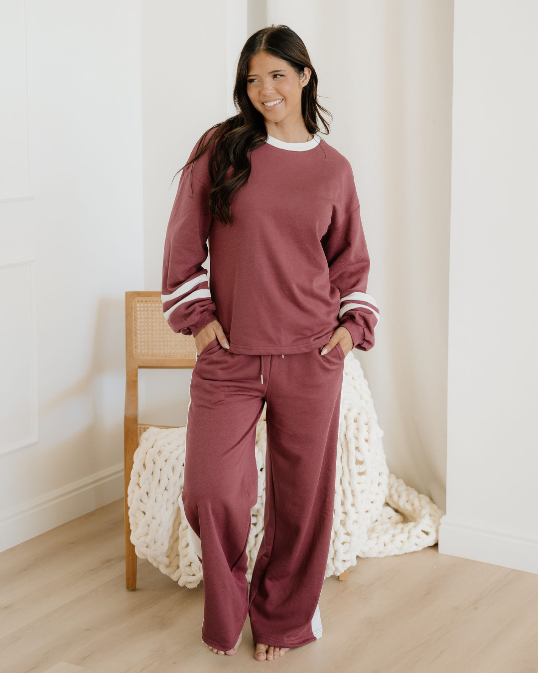 Jordyn Varsity Stripe  Drawstring Wide Leg Pant Set - Mineral Red