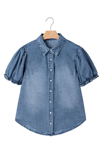 Denim Frilled Short Sleeve Snap Button Shirt