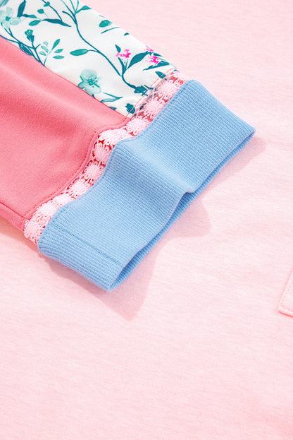 Floral Colorblock Patchwork Chest Pocket Long Sleeve Top