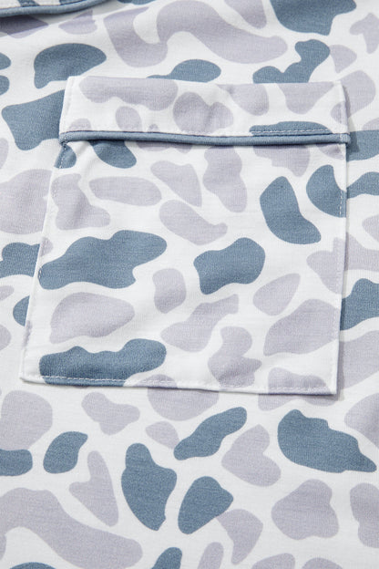 Camo Lapel Shirt & Drawstring Shorts Pajama Set