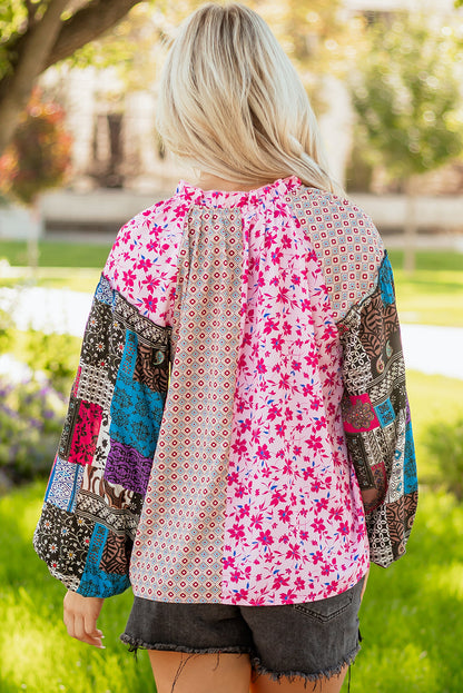 Boho Floral Patchwork Bubble Sleeve Blouse
