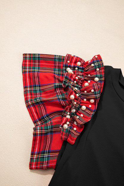 Plaid Patchwork Pearl Ruffle Sleeve T-Shirt