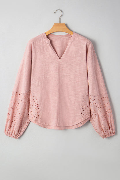 Embroidered Eyelet Patchwork Batwing Sleeve Blouse