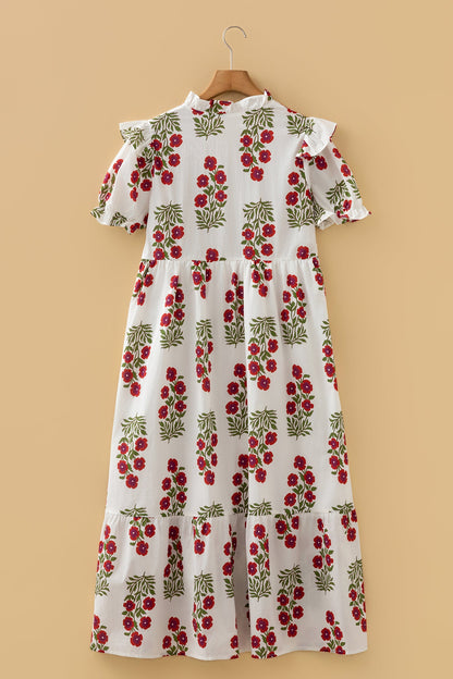 Floral Bubble Sleeve Tiered Maxi Dress