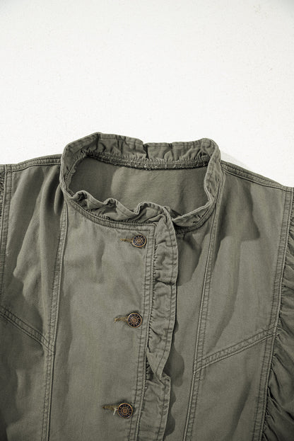 Margot Ruffle Plain Denim Jacket Vest - Green