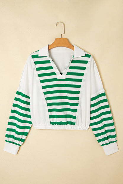 Stripe Colorblock Collared V-Neck Cropped Top