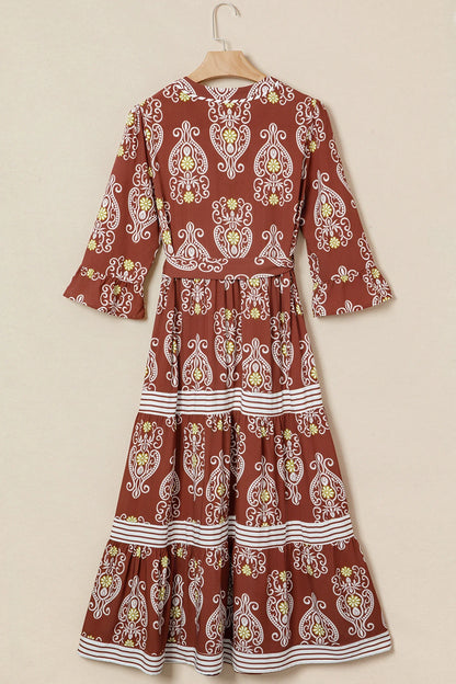 Floral Boho Belted Stripe Trim Tiered Maxi Dress
