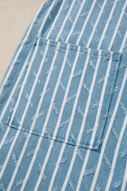 Stripe Distressed Denim Ruffle Wide Leg Overalls