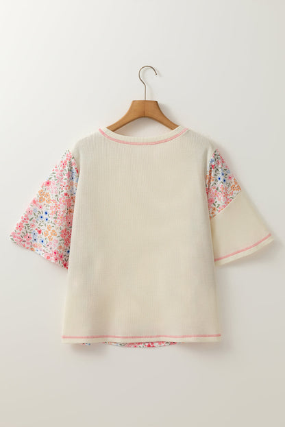 Floral Patchwork Chest Pocket Wide Sleeve T-Shirt