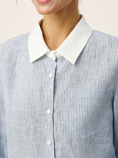100% Linen Striped Patchwork Pleat Shirt THEA
