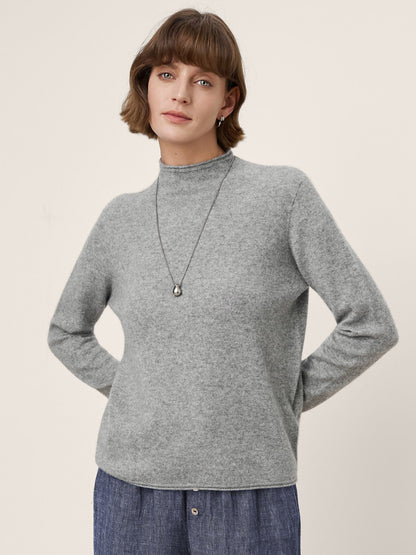 Premium Cashmere Blend Hand-Finished Seamless Mock Neck Lettuce Edge Sweater ZELIE