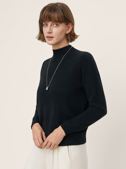 Premium Cashmere Blend Hand-Finished Seamless Mock Neck Ribbed Sweater RHEA