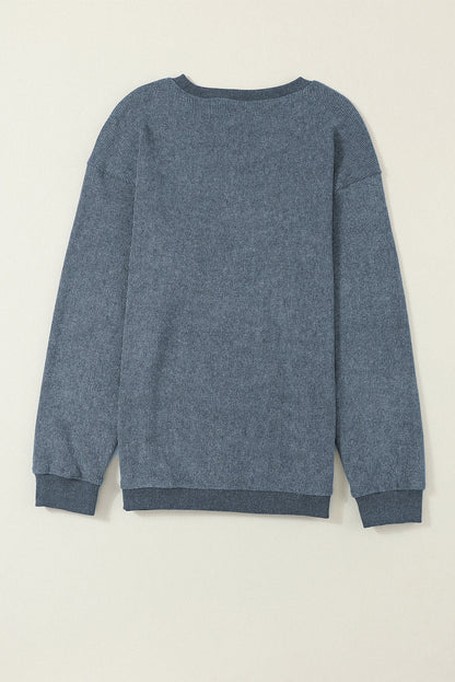 Solid Ribbed Knit Round Neck Pullover Sweatshirt