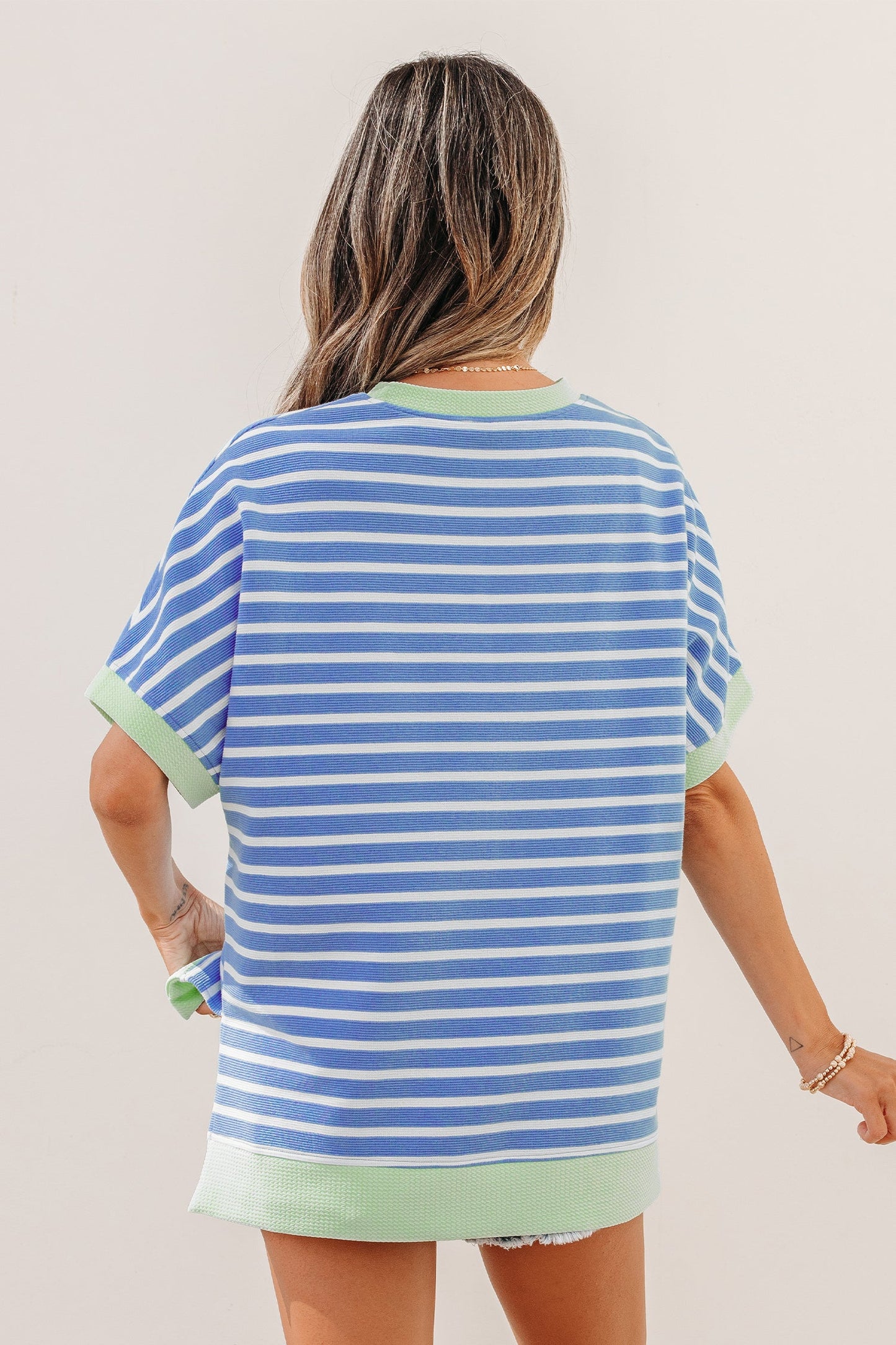 Stripe Contrast Trim Short Sleeve Top